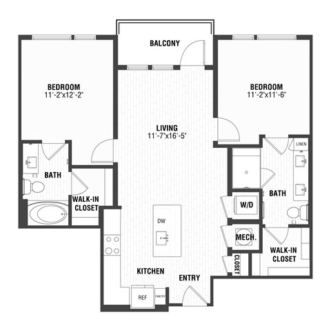Floor plan for 2 beds, 2 baths, 1015 sqft